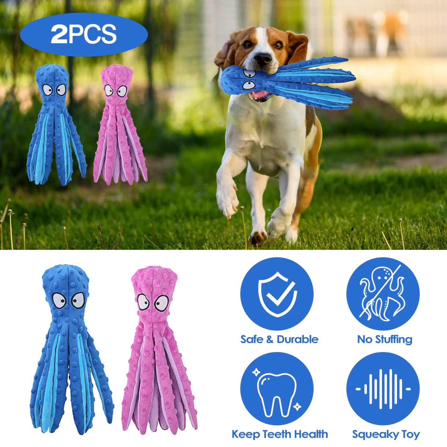2Pcs Squeaky Dog Toys No Stuffing Crinkle Plush Octopus Dog Teething Toy