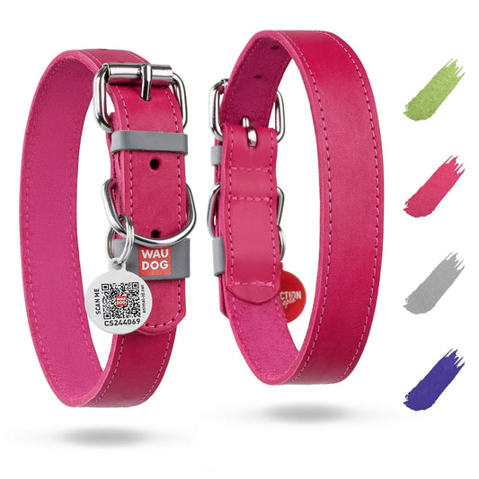 Pink Leather Dog Collar Adjustable for Medium Dogs 12/15 inch Neck